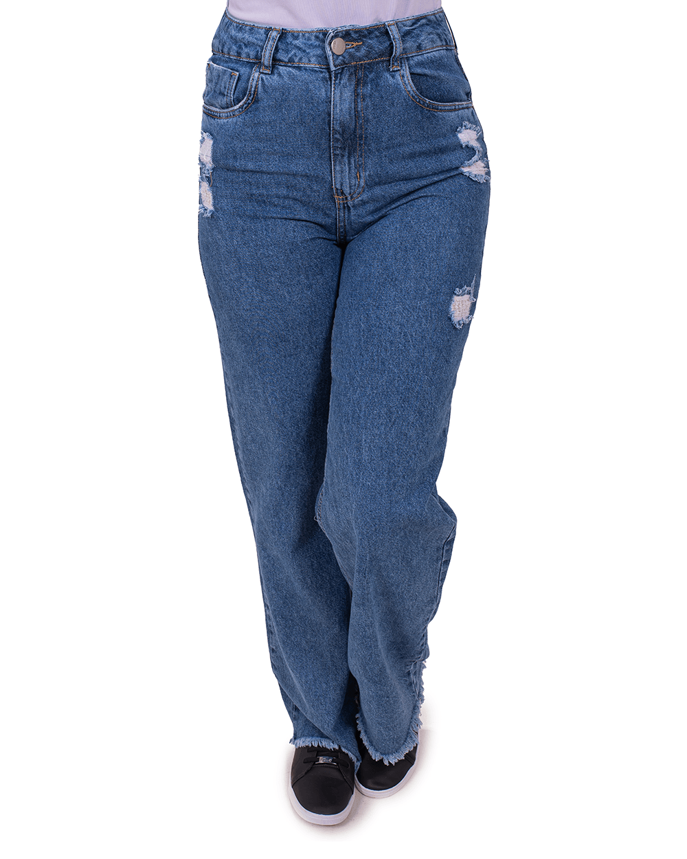Calça Jeans Feminina Plus Size Wide Leg com Rasgos e Barra