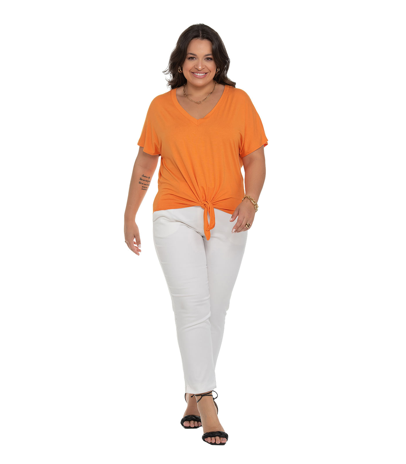 Blusa Feminina Plus Size Decote V Secret Glam Laranja - itapua